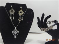Silver and Black Necklace, Bracelet, and Earrings