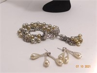Dangling Pearl Earrings and Cluster Pearl Bracelet