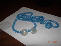 Blue Beaded long necklace with clear and Blue Ear