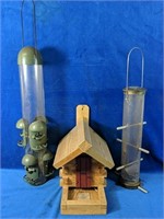 Three bird feeders, including 1 wooden 10"H bird