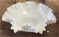 10"x4” Ruffled Milk Glass Bowl. Needs Cleaning