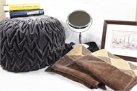 Large Tufted Foot Bag, Towels, Books, Mirror