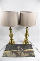 Set of Heavy Brass Table Lamps & Litho Print