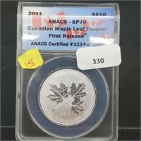 ANACS 2011 SP70 1/2oz  .999 Silver $10 Canada
