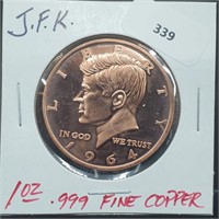 1oz .999 Copper JFK Round