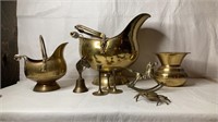 Brass ash bucket, rocking horse, bell, crab &