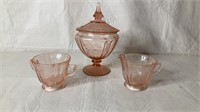 Etched pink glass lidded dish with creamer &