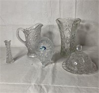 Starburst vase, glass etched pitcher & butter mold