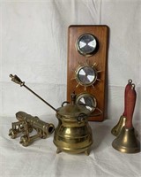 Brass bells, pot, cannon & hanging weather station