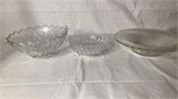 Two crystal footed bowls with glass bowl