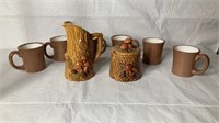 Mushroom pitcher & sugar dish with 6 brown mugs