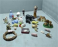 Flat of glass animal figurines, bells, and more
