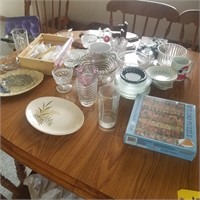 puzzle, bowls, glassware, etc