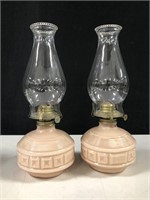 2 ANTIQUE LIGHT PINK GLASS OIL LAMPS