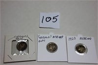 Mercury Dime, unknown date, 3 coins