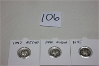 Mercury Dimes, 1942, 1944, 1945, 3 coins