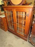 ANTIQUE OAK 2 LEADED GLASS DOOR BOOKCASE