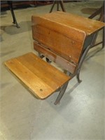 EARLY ANTIQUE OAK SCHOOL DESK W/CAST IRON BASE