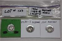 1920, 1938-S, 1920-S Mercury Dimes, 3 coins