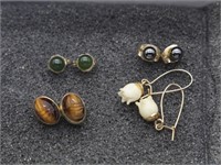 (4) 14k Gold Earrings - Ivory, Jade, Tigereye &