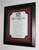 Inspirational "Home Rules" print in wooden frame