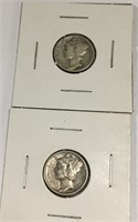 2 Silver Mercury Dimes, 1942