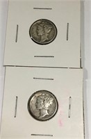 2 Silver Mercury Dimes, 1944
