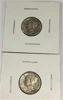 2 Silver Mercury Dimes, 1943