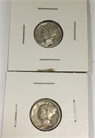 2 Silver Mercury Dimes, 1944