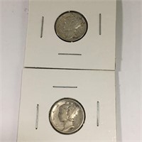 2 Silver Mercury Dimes, 1942