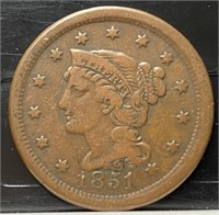 1851 Braided Hair Large Cent (AU58)