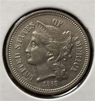 1868 Three Cent Piece, Nickel (AU58)