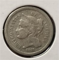 1868 Three Cent Piece, Nickel (EF45)