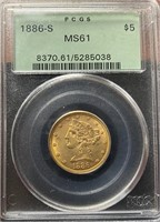 1886-S $5 Liberty Head Gold Coin PCGS Slabbed (MS6