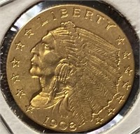 1908 $2.5 Liberty Head Gold Coin (MS60)
