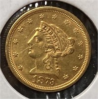 1873 Liberty Head Gold Quarter Eagle, Open 3 (MS60