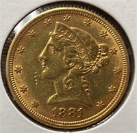 1881 $5 Liberty Head Gold Coin (AU)