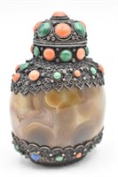 Mongolian Style Agate Snuff Bottle w/Inlaid Stones