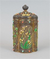 CHINESE EXPORT SILVER, ENAMEL & GEMSTONE TEA CADDY