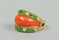 ITALIAN 18K CORAL, DIAMOND & EMERALD RING