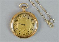 14K WALTHAM OPEN FACE POCKET WATCH & 14K CHAIN