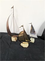 Three signed brass and marble sailboat decor