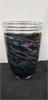 11" glass vase. Burgandy & blue