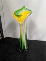 12-in green white and yellow glass vase