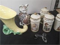 Group of vintage vase, ceramic cat, spice jars.