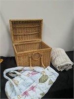13 in wicker Basket with throw blanket and bag