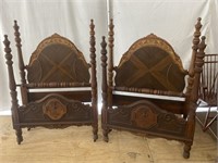 CARVED PAIR OF WALNUT SINGLE BEDS