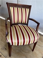 MAHOGANY CARVED ARM CHAIR WITH NEW UPHOLSTERY