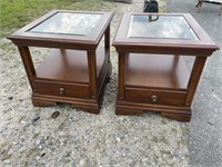 PR OF CHERRY GLASS TOP END TABLES