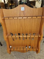 WOOD SPOON RACK  W/ SOME STATE SPOONS